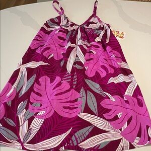 Tropical Pink Purple Leaf Print Camisole Dress hula bay Hawaiian